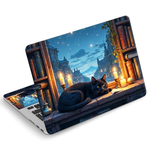 Universal Laptop Skin Sticker Decal, Compatible with MacBook HP Dell Lenovo 12"-15.6", Reusable Vinyl Notebook Cover 3PCS Set, High-Recognition Film-Cozy Black Cat Starry Night City - color: Cozy Black Cat Starry Night City