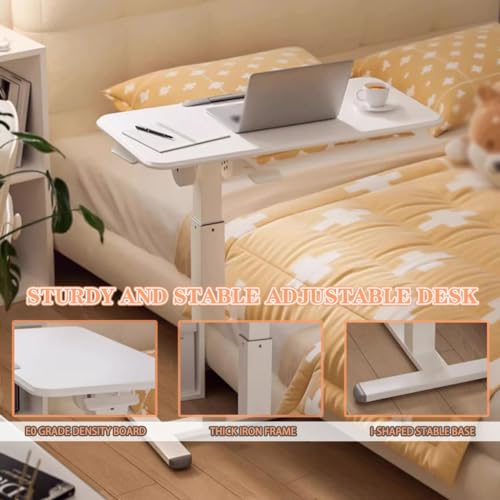 Height Adjustable Standing Desk, Sit Stand Mobile Workstation, Living Room Mobile Sofa Side Table, Reversible Laptop Table with Rollers, Anti-Fall Fence(White) - color: White