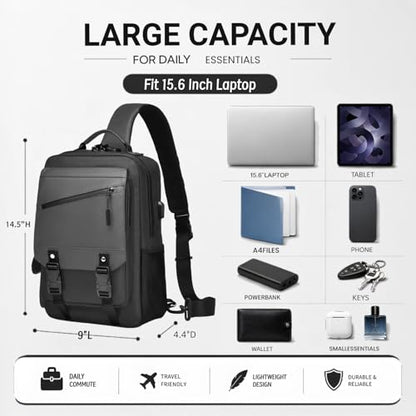 Sling Bag Large Capacity: Crossbody Bag for Men Fits 15.6 Inch Laptop A4 Files with Anti Theft USB Port - color: 39-grey