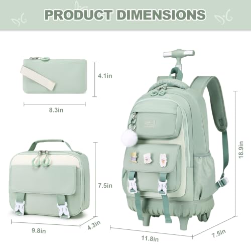DIGOBAY Rolling Backpack for Girls, Roller Bag with Lunch Box Pencil case | Kawaii Girls Roller Backpack With Wheels School Bookbag With Cute Pins for Elementary Middle School, Green - color: Green