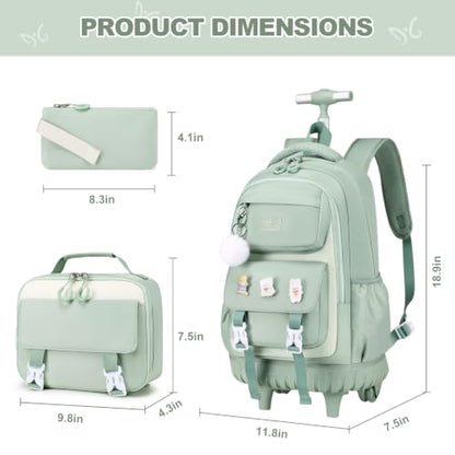 DIGOBAY Rolling Backpack for Girls, Roller Bag with Lunch Box Pencil case | Kawaii Girls Roller Backpack With Wheels School Bookbag With Cute Pins for Elementary Middle School, Green - color: Green