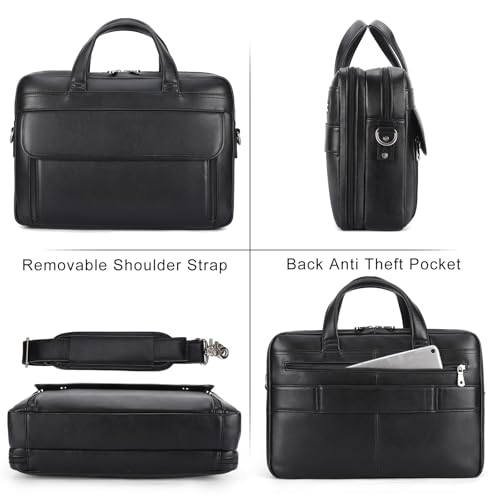 Masa Kawa Leather Briefcase for Men 15.6", 17" Laptop Computer Case Business Travel Work Messenger Cross Body Shoulder Bag - color: Black-fits 15.6" Laptop