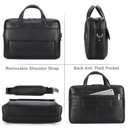 Masa Kawa Leather 15.6" & 17" Laptop Briefcase Men Business Messenger Bag | Full Grain Cowhide Business Travel Office Work Crossbody Shoulder Professional Attache Case for 2 Computers - color: Black-fits 15.6" Laptop