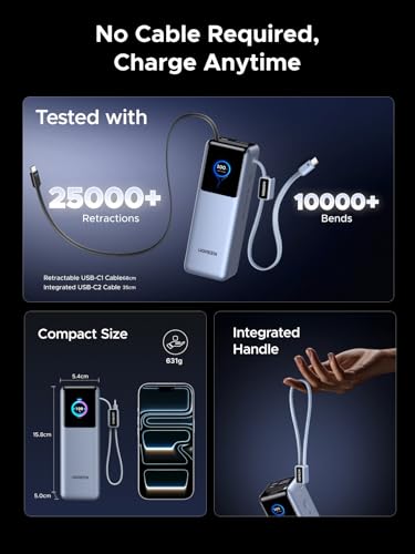 UGREEN Nexode Pro 25000mAh 200W Retractable Cables Power Bank for iPhone | Built-in retractable cables, TFT display, PD 3.1. 90Wh. Fast charges MacBook, Dell, HP, Samsung S26, iPhone 17/16.