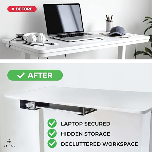 VI+AL Under Desk Laptop Mount - Hidden Metal Shelf with Side Storage - Installs with Tape & Screws - Fits Devices up to 1.7" Thick - Standard (No Hook or Cable Organizer) - style: Standard