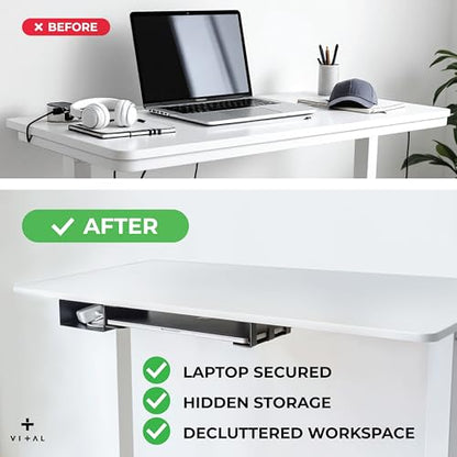 VI+AL Under Desk Laptop Mount - Hidden Metal Shelf with Side Storage - Installs with Tape & Screws - Fits Devices up to 1.7" Thick - Standard (No Hook or Cable Organizer) - style: Standard
