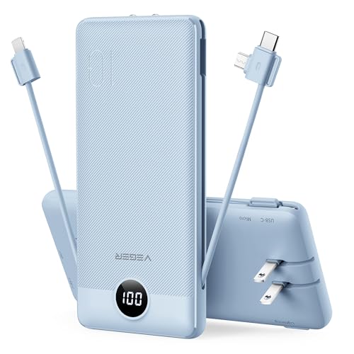 VEGER Portable Charger with Built-in AC Plug and Cables, All in One 10000mAh Ultra Slim Power Bank Travel Essentials, USB C External Battery Pack Compatible with iPhone, Samsung, More, Blue - color: D Blue