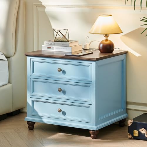 Joaxswe Farmhouse Nightstand with Charging Station, 24" Wide End Table with 3 Drawers,Light Blue Wood Dresser for Bedroom, Bed Side Table Chest of Drawers Cabinet,Night Stand for Living Room, Closet - color: Light Blue, size: 19.76"D x 24"W x 22.91"H (3 D