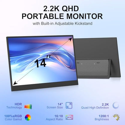 14 Inch 2K Portable Monitor, 16:10 QHD 100% sRGB HDR IPS Screen, Ultra-Slim External Second Monitor for Laptop, Phone, PS5, Xbox, Switch, PC(14.1") - size: 14.1"
