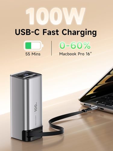 REWONDER 100W Power Bank Fast Charging 20000mAh with Built-in Retractable USB-C Cable, Portable Charger for MacBook Laptop, iPhone 17/16 Series, Samsung, TSA Approved for Air Travel - color: Silver