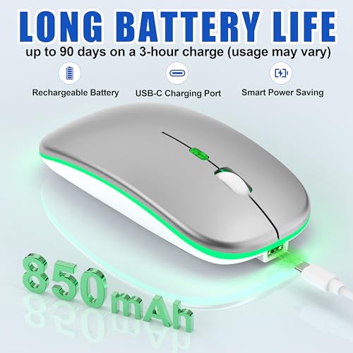 Gizdot-R1 LED Mouse for MacBook Air/iPad/Laptop, Silver | MacBook Air/iPad/Laptop Compatible, Silent Mouse with USB-C, Built-in Mouse Jiggler, 4-Mode - color: Silver