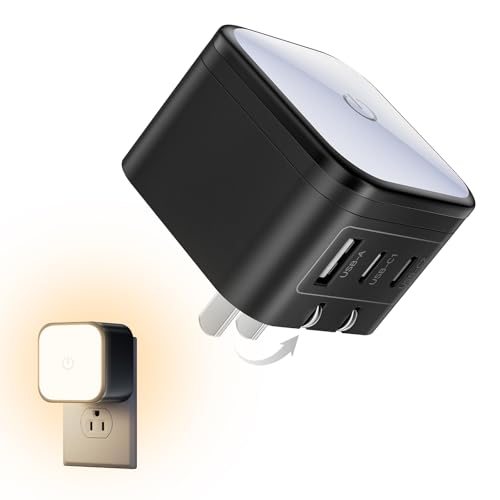 USB C Charger Block, 45W GaN Wall Charger with Touch-Control Night Light | Black, 3 Port, Foldable Plug, PD PPS Support, Travel and Office Use, iPhone 17/16, Galaxy S26/S25, Pixel, iPad, MacBook - color: Black, size: 45W-3 Ports