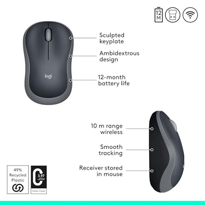Logitech M185 Wireless Mouse, 2.4GHz with USB Mini Receiver, 12-Month Battery Life, 1000 DPI Optical Tracking, Ambidextrous PC/Mac/Laptop - Swift Grey (Pack of 4) - color: Swift Grey, size: 4 Pack, style: USB Receiver