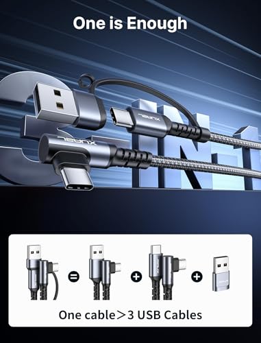 JSAUX 3-in-1 USB-C Cable 2-Pack 10FT, 100W Right-Angle Fast Charging, Grey | Right-Angle Braided Cables with USB-A Adapter, 2 x 10 ft, for iPhone 17/16/15, Galaxy S26/S25/S24, iPad, MacBook, Steam Deck - color: Grey, size: 10FT