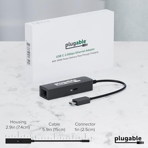 Plugable USB C to Ethernet Adapter 2.5Gb with 100W USB-C PD Charging, 2.5 Gigabit Type C USB Ethernet Adapter for Windows, MacBook, Chrome, iPad, Surface, XPS, Thunderbolt 4, USB4 (USBC-E2500PD)