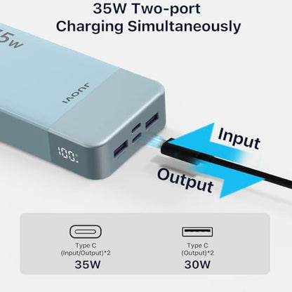 JUOVI J2651 Portable Charger, 35W 20000mAh USB C in & Out Power Bank, Battery Pack with QC4.0+PD3.0 35W High-Speed Charging for Bluetooth Earbud, Mobile Phone, Tablet (Blue) - color: Blue