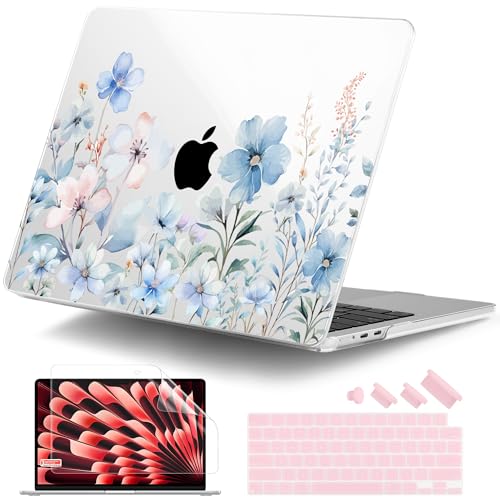 DONGKE for MacBook Air 13 Inch Case M5 2026 M4 2025 M3 M2 2024-2022 A3449 A3240 A3113 A2681, Plastic Hard Shell & Keyboard Cover & Screen Film for MacBook Air 13.6 Inch Case - Blue Flowers - color: Blue Flowers