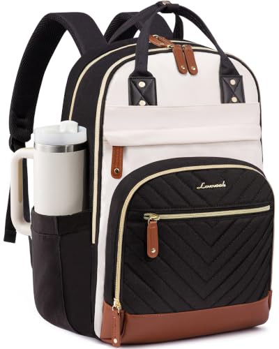 LOVEVOOK Laptop Backpack Women with Giant Tumbler Holder,17 inch Waterproof Work Travel Backpack Computer Laptop Bag,Cute College Nurse Teacher Backpack Purse,Gifts for Women & Men,Beige-Black-Brown - color: Beige-black-brown, size: 17-Cup
