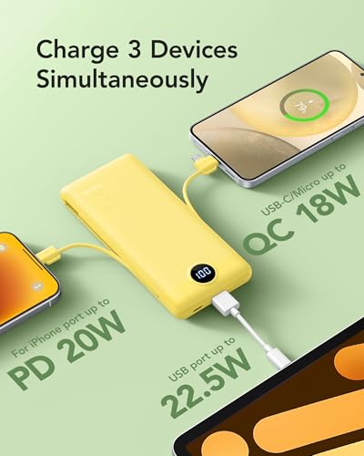 VRURC 10000mAh Power Bank, 22.5W USB C Portable Charger, Yellow | Built-in AC wall plug and cables, LED display, airline approved, slim 8 oz design - color: Yellow
