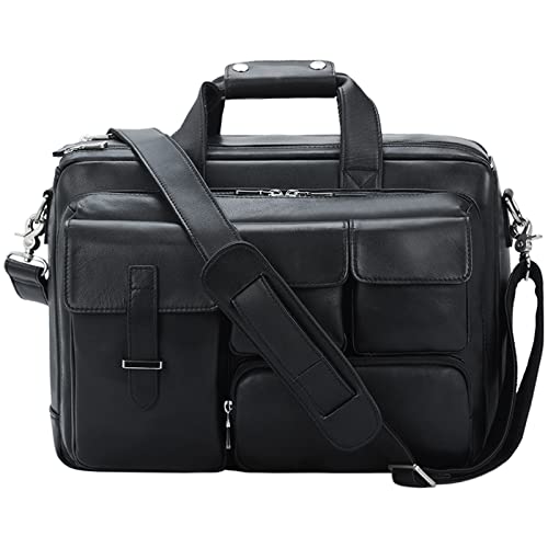 TIDING Leather Briefcase for Men 17.3" Laptop Business Travel Messenger Bag | Large Opening Main Compartment, Detachable Laptop Sleeve, Multi Pockets, Luggage Strap, Anti-theft Pocket - color: Black