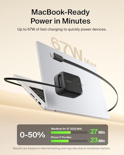 Belkin USB C Retractable Wall Charger, 67W Max GaN Fast Charging Block w/Built-in, Extra-Long 3.3ft Retractable Cable - iPhone Charger for iPhone 17/16 Series, Galaxy, MacBook, AirPods, iPad, & More - color: Black, style: 67W