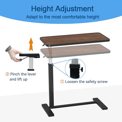 Adjustable Overbed Table with Cup Holder & Hidden Lockable Wheels | Height Adjustable Rolling Bedside Table, Walnut Finish Mobile Laptop Desk, Standing Workstation for Home Use, 30.3"W x 15.3"D - color: Walnut