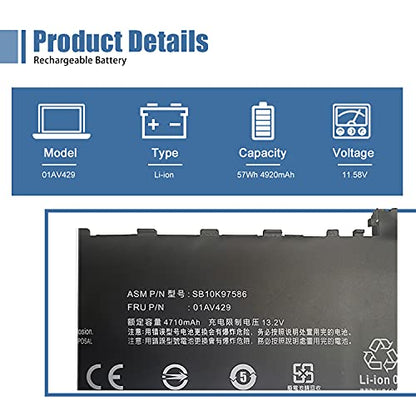 01AV429 01AV430 Laptop Battery 11.58V 57Wh 4920mAh Replacement for Lenovo ThinkPad X1 Carbon 5th Gen (2017)/ X1 Carbon 6th Gen 2018 Series 01AV431 01AV494 - size: 11.05*4.31*0.22 inch 01AV429