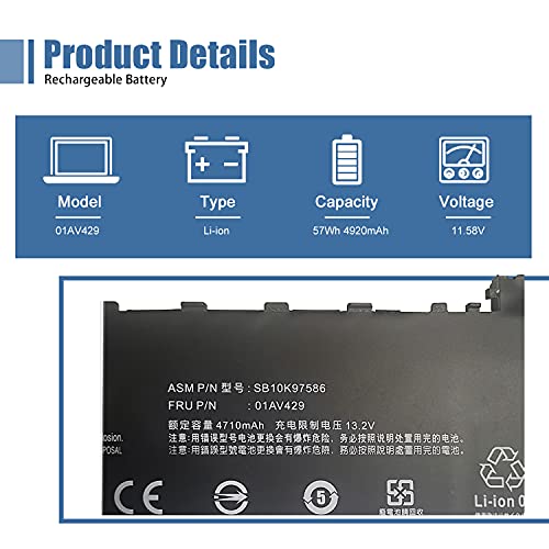 01AV429 01AV430 Laptop Battery 11.58V 57Wh 4920mAh Replacement for Lenovo ThinkPad X1 Carbon 5th Gen (2017)/ X1 Carbon 6th Gen 2018 Series 01AV431 01AV494 - size: 11.05*4.31*0.22 inch 01AV429