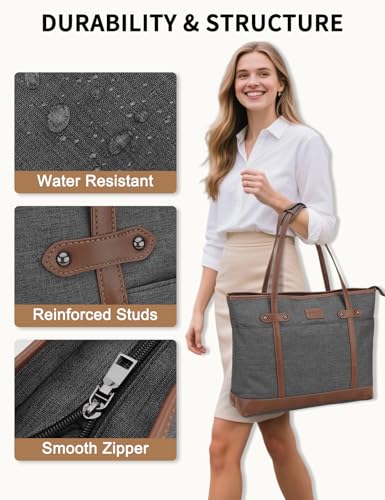 RAVUO Laptop Tote Bag for Women, Water Resistant 15.6 Inch Computer Handbag Purse Teacher Bag With Portable Small Pouch - color: Dark Grey&brown