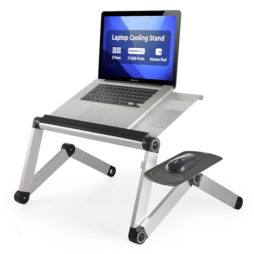 WorkEZ Cooling Adjustable Laptop Stand for Desk w/Fan USB Ports Mouse Pad Ergonomic Foldable Laptop Stand Riser Portable Computer Holder, Silver - color: Silver