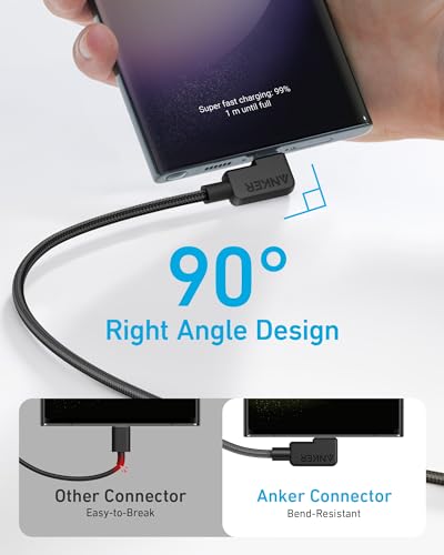 Anker USB C to USB C Right-Angle Cable, 240W (2-Pack, 6 ft, Black) | 90-Degree Braided USB C Charging Cord for iPhone 17 Series and More - size: 6ft