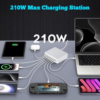 USB C Charger 210W Block, GaN 8-Port USB-C PD Fast Charging Station Desktop Hub, PD65W Laptop Charge Adapter Compatible with MacBook Pro/Air/DELL/Steam Deck/iPhone 16/15/Galaxy S22/S23 - color: silver