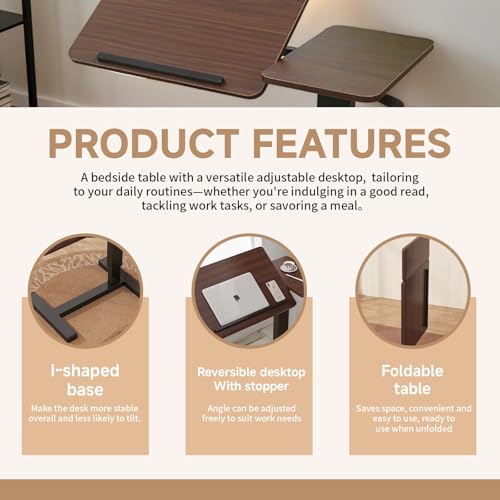 Overbed Bedside Desk with Hidden Wheels, Height Adjustable Rolling Laptop Stand, Tilting Over Bed Table for Bed Sofa, Mobile Bedside Table,Walnut - color: Walnut, style: Basic