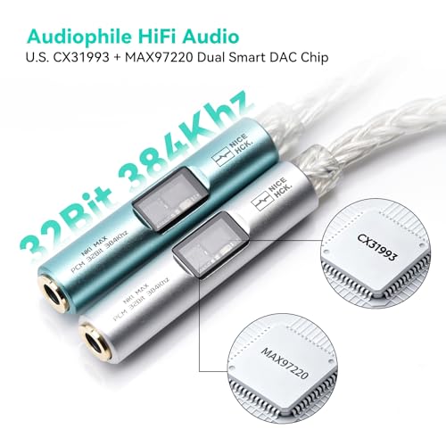 NICEHCK NK1 MAX Silver CX31993 Dual Chip USB C to 3.5 HiFi DAC Amp Cable | DAC dongle with CX31993+MAX97220 dual chips, upgraded 8-strand silver-plated OCC cable,supports 32bit/384kHz lossless audio - color: Pale Silver