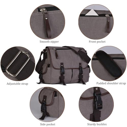 15.6 Inch Laptop Messenger Bag for Men Women, Canvas Computer Shoulder Bag, Work Briefcase for Business College Travel | Anti-theft Design - color: Grey