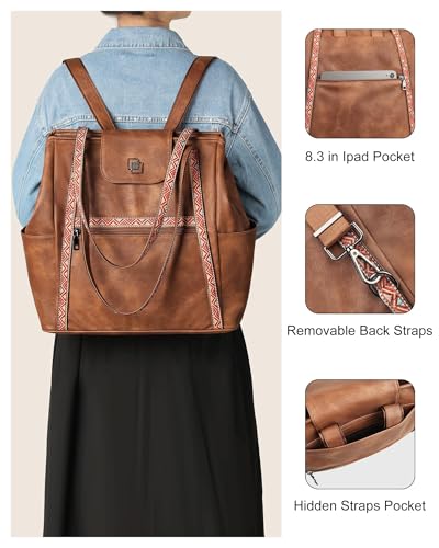 Large Laptop Tote Bag for Women Designer Leather Laptop Bag, 15.6in | Fashion Travel Backpack Purse Shoulder Handbag Fits 15.6 Laptop, Daily, Work, Business Trip, Weekend Travel, Teacher - color: 1 Brown Retro Style