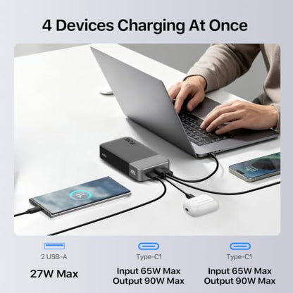 NOBIS Portable Charger 20000mAh 90W Laptop Power Bank | 2C+2A USB-C Fast Charging Battery Pack with LED Display for Laptops, Tablets, Steam Deck & Phones - color: Black