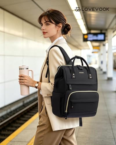 LOVEVOOK Lunch Backpack for Women, 15.6 Inch Laptop Backpack with Insulated Lunch Compartment, Built-in Cooler Work Bag, Wide Open Computer Backpack with Tumbler Holder, Water-Resistant Nurse Teacher