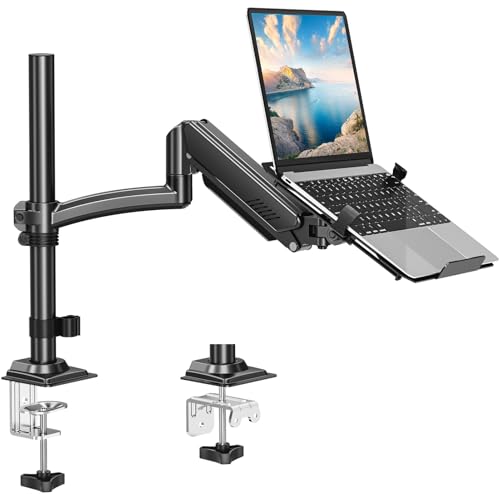MOUNT PRO Laptop Arm Desk Mount, Single Monitor Stand with VESA Laptop Tray, Adjustable Lap Top Holder for Max 22lbs 17" Notebook & 32" Computer Screen, Swivel Notebook Bracket, Clamp on/Grommet Base - size: With Pole