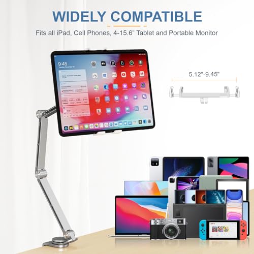 Houele Tablet Stand Holder for Desk iPad Stand Desk Mount, Silver | Adjustable Foldable Tablet iPad Arm Mount Phone Holder with 360°Rotate Base, Compatible with Tablets or Other 4-15.6" Device - color: Silver