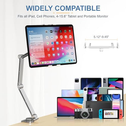 Houele Tablet Stand Holder for Desk iPad Stand Desk Mount, Silver | Adjustable Foldable Tablet iPad Arm Mount Phone Holder with 360°Rotate Base, Compatible with Tablets or Other 4-15.6" Device - color: Silver