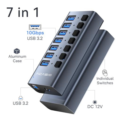 ACASIS Powered 7 Ports USB 3.2 Hub, 10Gbps Data Transfer, 24W Adapter | Individual On/Off Switch for Each Port • Aluminum Housing • Better Heat Dissipation • Plug & Play - size: 7 ports