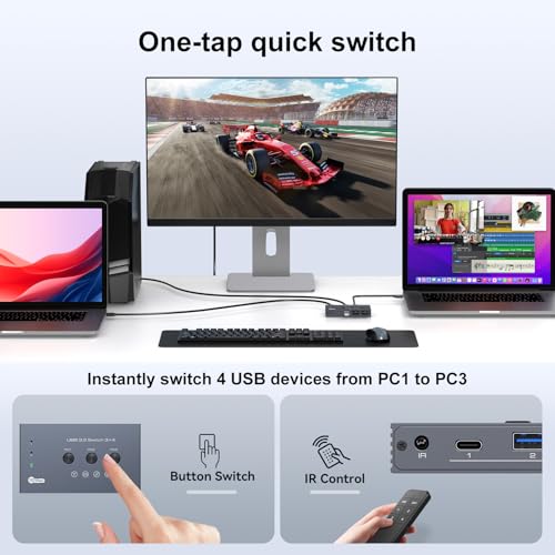 THXCDBID USB 3.2 Switch 3 Computers Sharing 3*USB A & 1*USB C Port 10Gbps USB Switch Selector Sharing Keyboard Mouse Printer Scanner with 3 USB A Input Cable and IR Remote Control