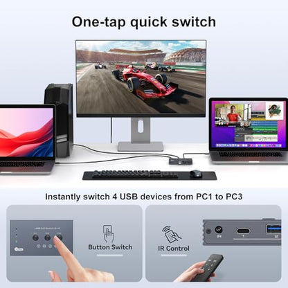 THXCDBID USB 3.2 Switch 3 Computers Sharing 3*USB A & 1*USB C Port 10Gbps USB Switch Selector Sharing Keyboard Mouse Printer Scanner with 3 USB A Input Cable and IR Remote Control