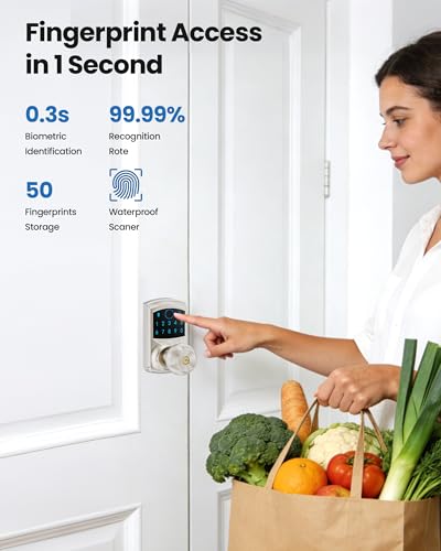 Smart Fingerprint Keyless Entry Door Knob Keypad Electronic Biometric Lock | 20 User Codes 50 Fingerprints Vacation & Passage Mode One-Time Code 2 Keys Auto-lock 2-99s Anti-peep Fits U.S. Standard Door - size: HL-669FK Satin Nickel