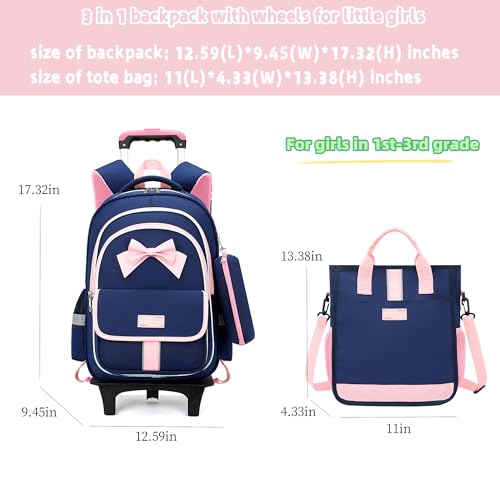 MITOWERMI Rolling Backpack for Girls 3Pcs Elementary School Bag Cute Bowknot Backpack with Wheels Girls Bookbags with Handbag Trolley Bags Kids Carry-On Luggage - color: Style c-3Pcs Pink-2 Wheels, style: 2 Wheels Trolley + Backpack Sets