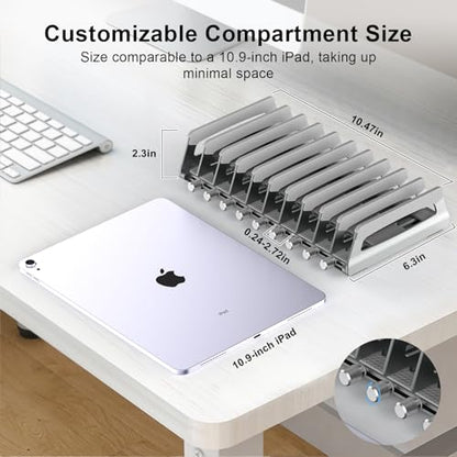 10-Slot Vertical Laptop Stand & Holder – Adjustable Aluminum Laptop Stand Vertical for Desk Fits 10 Devices, MacBook & Gaming Laptops (Up to 17.3”) – Space Saving Laptop Storage Rack - Grey - size: 10 - Slot