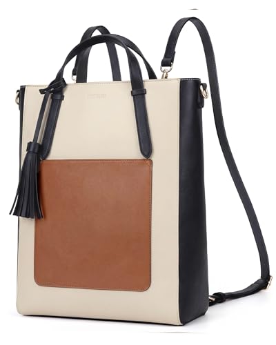 ECOSUSI Tote Bag Convertible Backpack for Women Vegan Leather Handbag Multifuction Shoulder Bag - color: Black Beige
