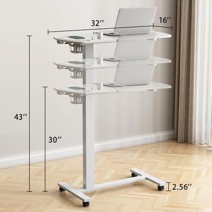 6 In 1 Overbed Table, 32'' Long Hospital Bed Table,Bedside Table (White) | 32'' Length, 0- 90°Adjustable Tilt, Standing Desk Charging Station, Cup Holder, Hook, 30''-43'' Height Home Hospital Office - color: White