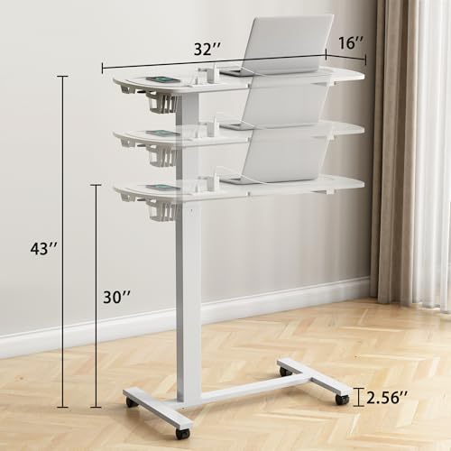 6 In 1 Overbed Table, 32'' Long Hospital Bed Table,Bedside Table (White) | 32'' Length, 0- 90°Adjustable Tilt, Standing Desk Charging Station, Cup Holder, Hook, 30''-43'' Height Home Hospital Office - color: White